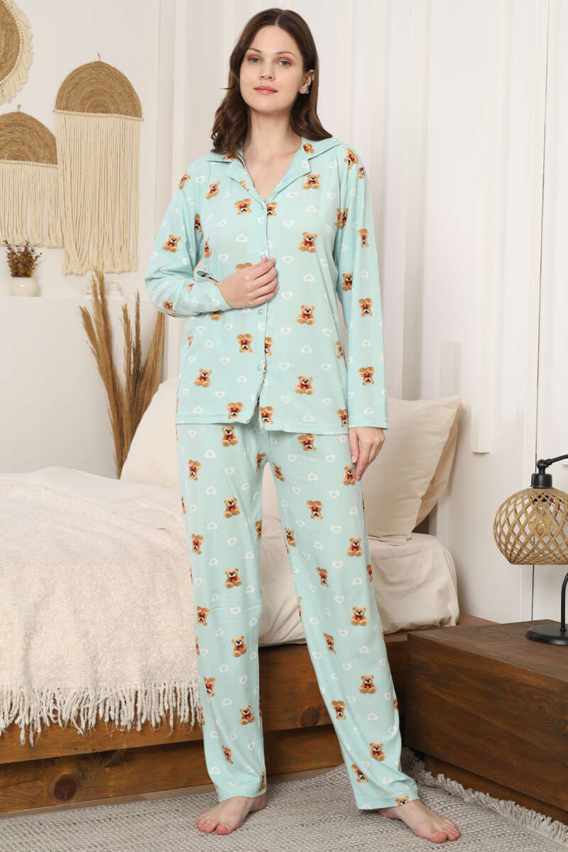 Ayıcık Desenli Düğmeli Süet Pijama Takımı Su Yeşili