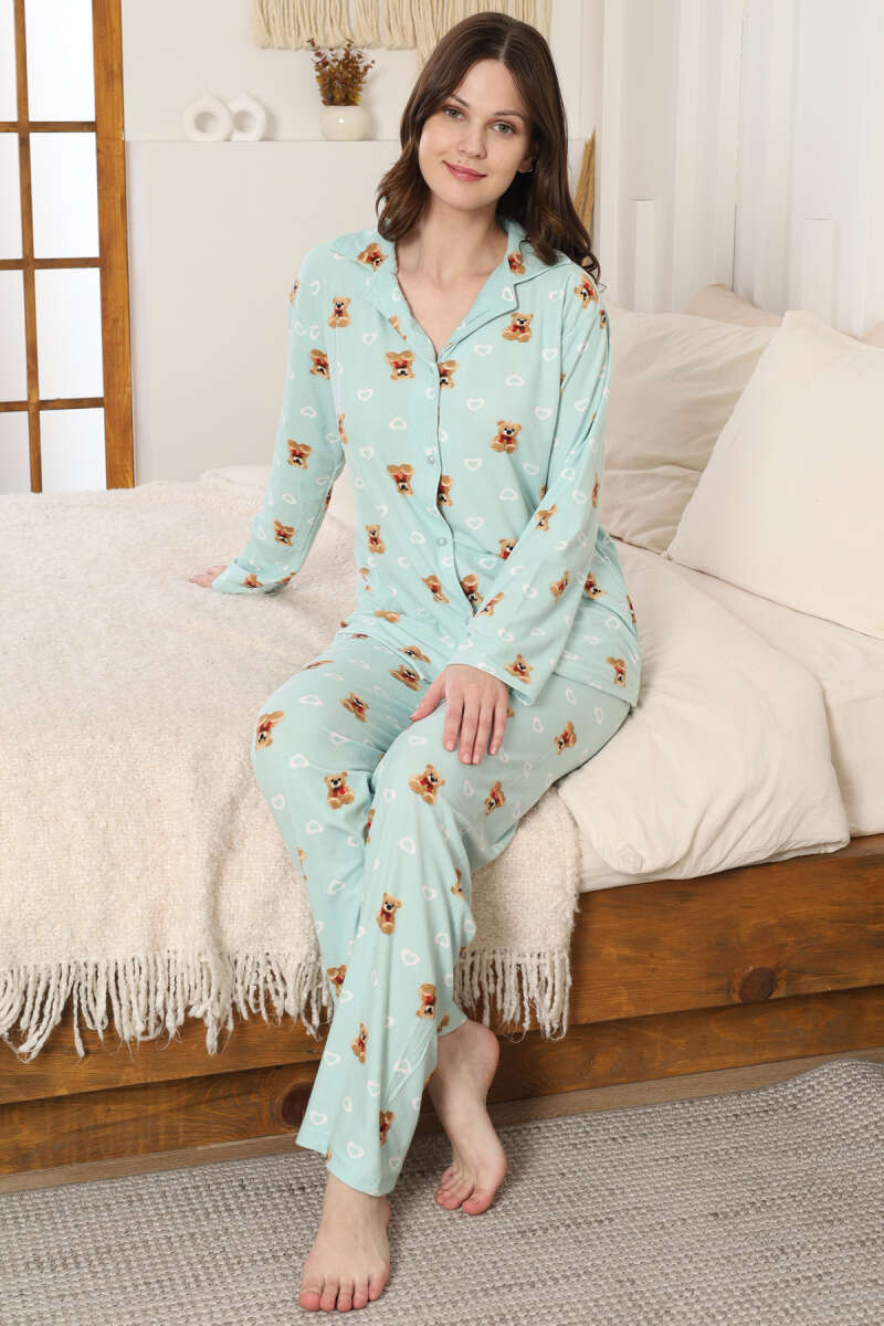 Ayıcık Desenli Düğmeli Süet Pijama Takımı Su Yeşili