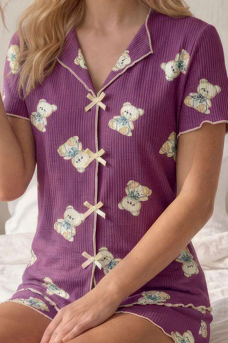 Ayıcık Desenli Fiyonklu Şortlu Pijama Takımı