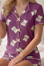 Ayıcık Desenli Fiyonklu Şortlu Pijama Takımı