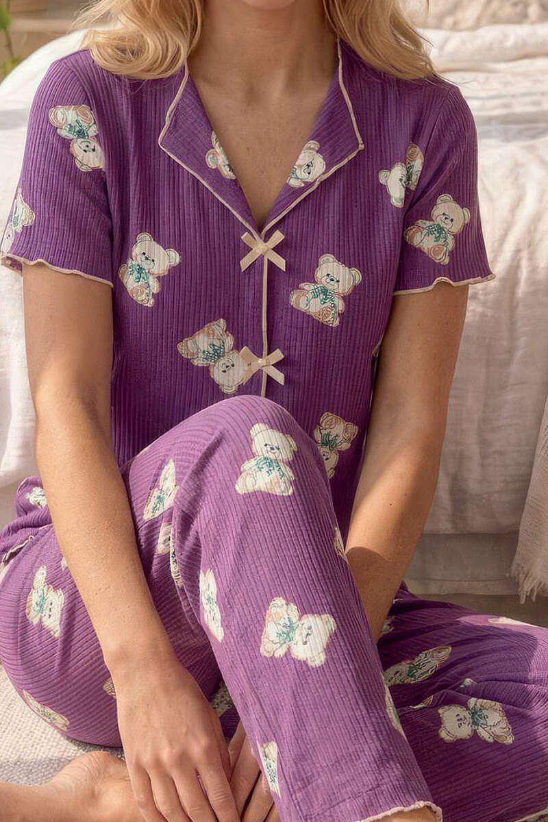 Ayıcık Desenli Kruvaze Yaka Pijama Takımı