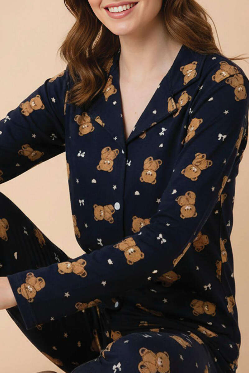 Ayıcık Desenli Önü Düğmeli Pijama Takımı