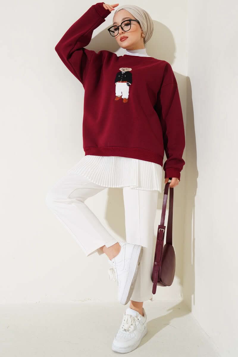Ayıcık Nakış Üç İplik Sweatshirt