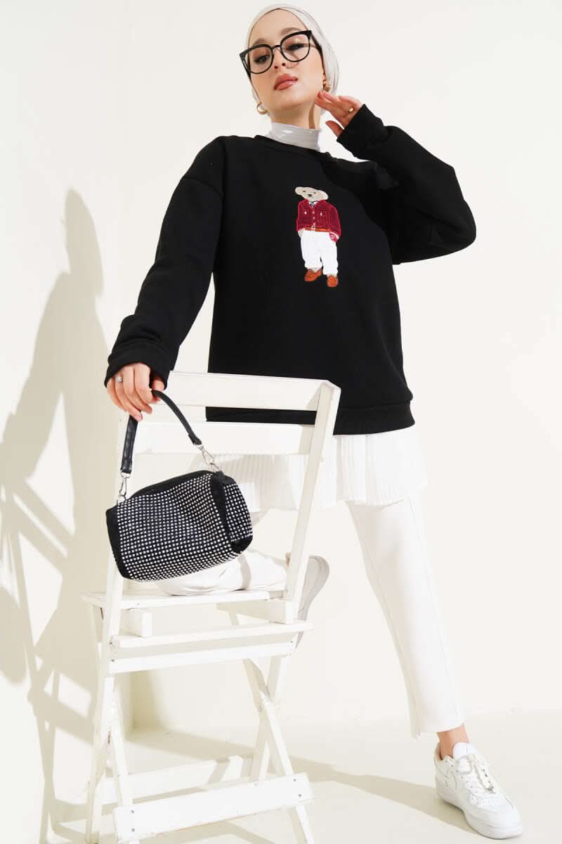 Ayıcık Nakış Üç İplik Sweatshirt