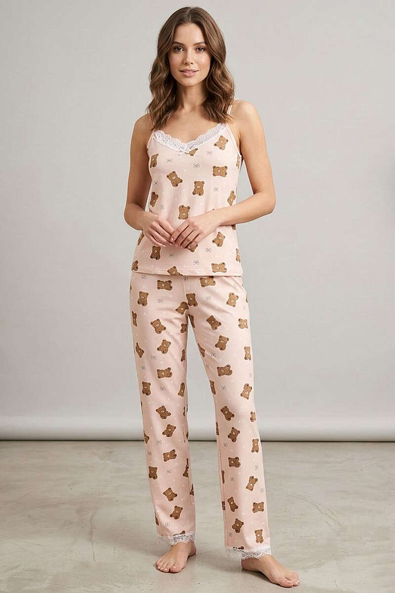 Ayıcıklı Fiyonklu İp Askılı Pijama Takımı Yavru Ağzı