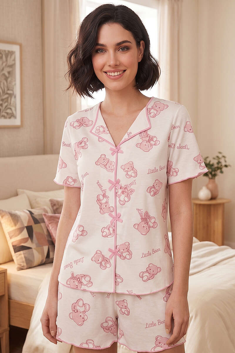 Ayıcıklı Fiyonklu Şortlu Pijama Takımı