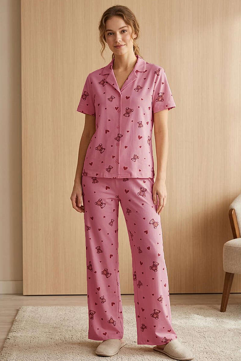 Ayıcıklı Kalpli Kısa Kol Pijama Takımı