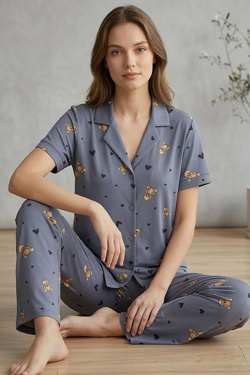 Ayıcıklı Kalpli Kısa Kol Pijama Takımı Kayrak Grisi