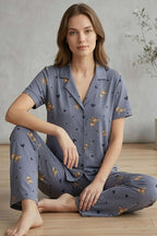 Ayıcıklı Kalpli Kısa Kol Pijama Takımı Kayrak Grisi