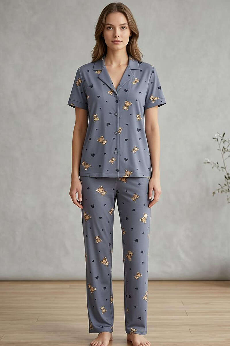 Ayıcıklı Kalpli Kısa Kol Pijama Takımı Kayrak Grisi