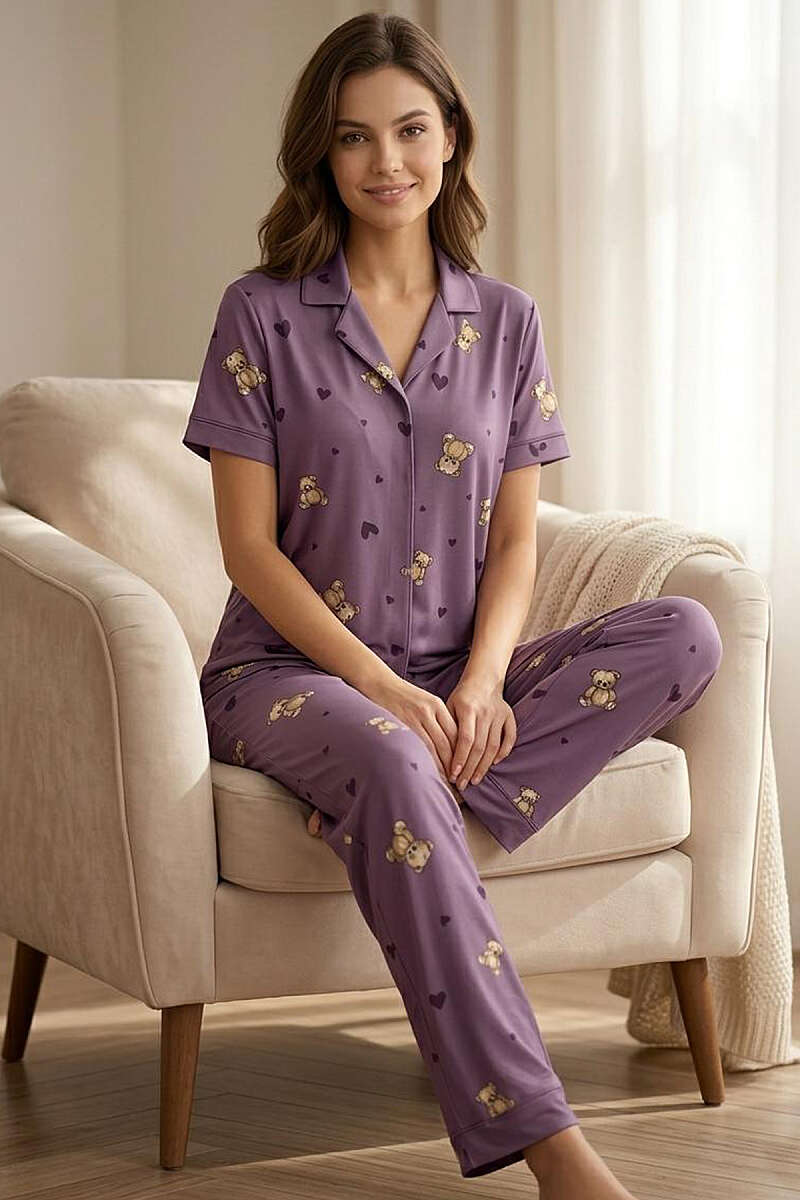 Ayıcıklı Kalpli Kısa Kol Pijama Takımı Lila