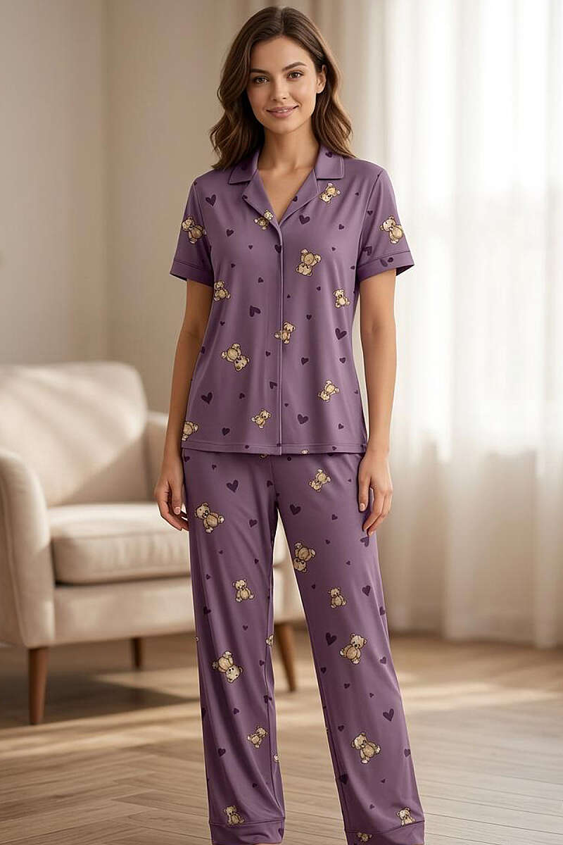 Ayıcıklı Kalpli Kısa Kol Pijama Takımı Lila