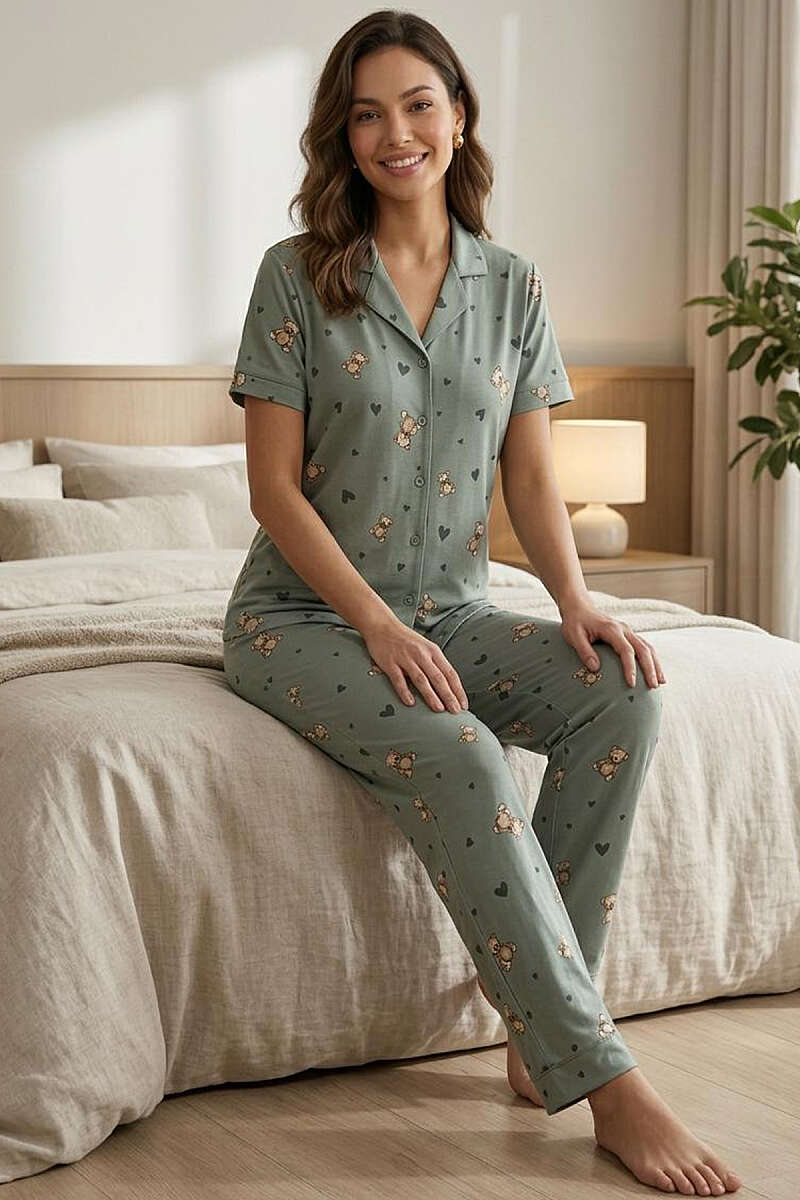 Ayıcıklı Kalpli Kısa Kol Pijama Takımı Mint