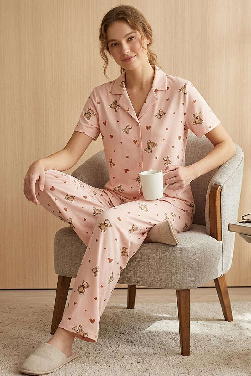 Ayıcıklı Kalpli Kısa Kol Pijama Takımı Yavru Ağzı