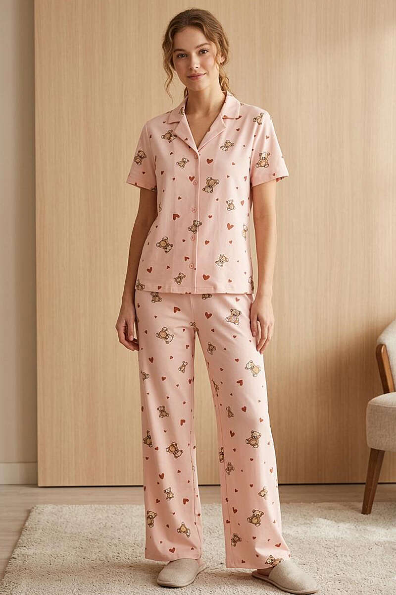 Ayıcıklı Kalpli Kısa Kol Pijama Takımı Yavru Ağzı
