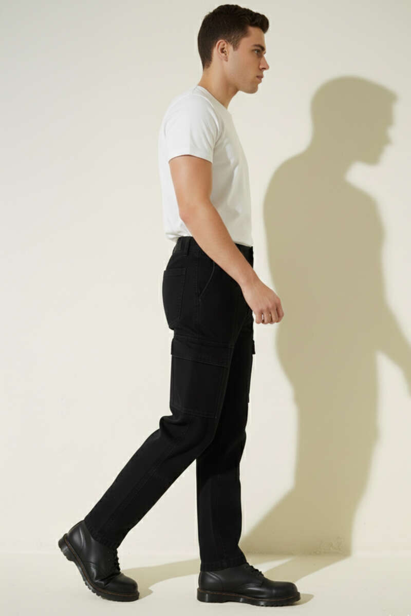Baggy Kargo Cep Erkek Kot Pantolon Siyah