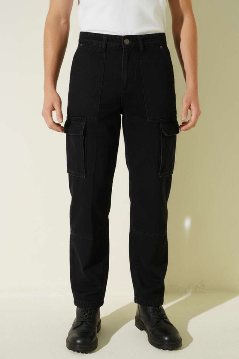 Baggy Kargo Cep Erkek Kot Pantolon Siyah