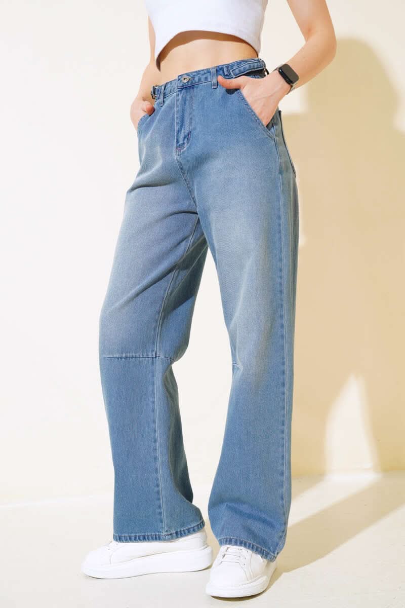 Baggy Yan Tokalı Kot Pantolon Açık Mavi