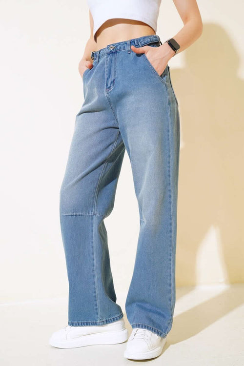 Baggy Yan Tokalı Kot Pantolon Açık Mavi