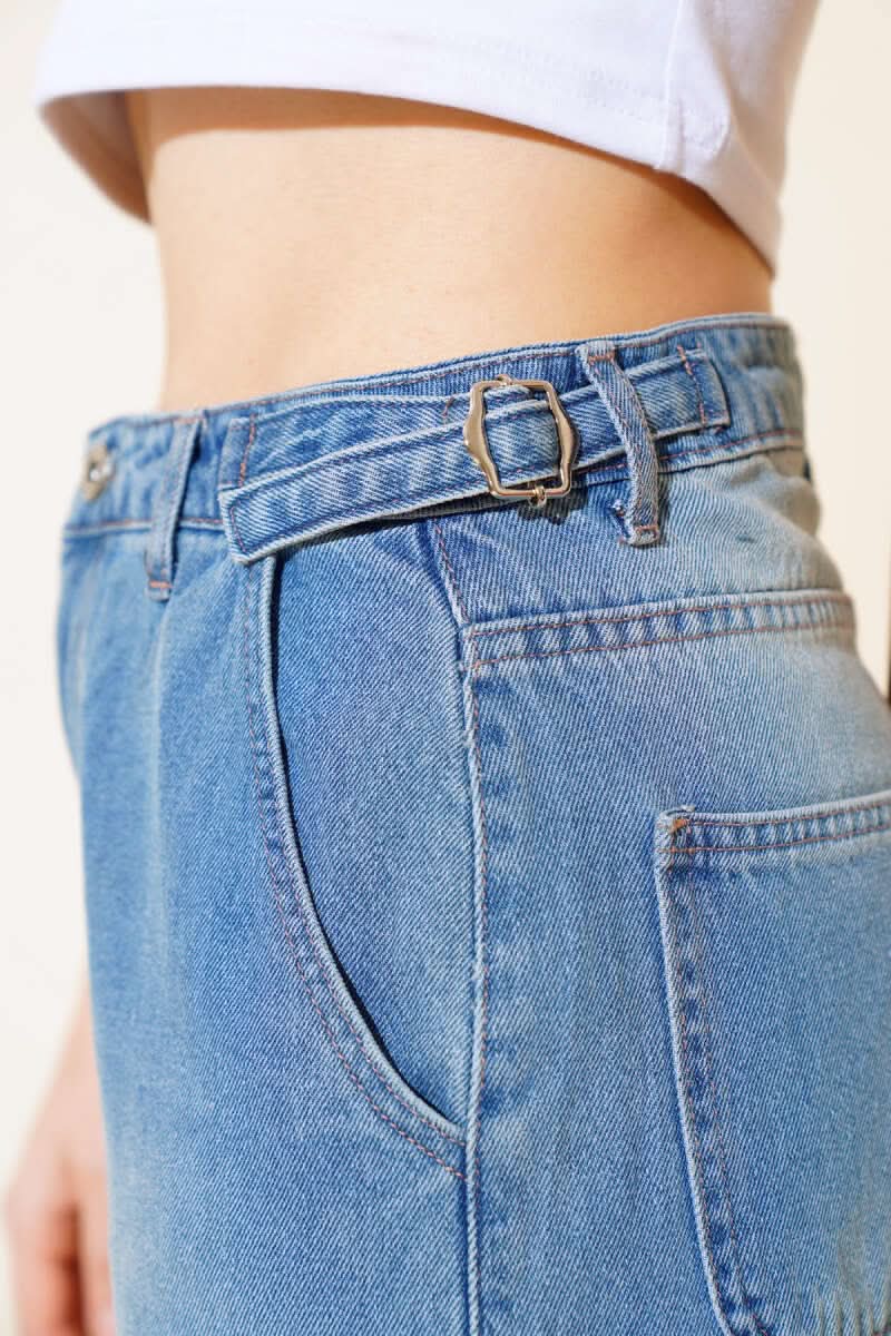 Baggy Yan Tokalı Kot Pantolon Açık Mavi