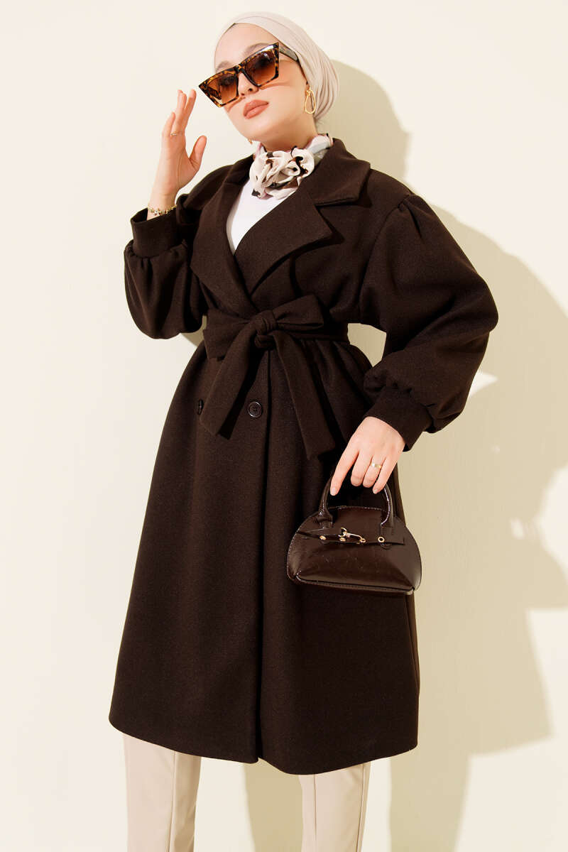 Balon Kol Düğmeli Kaşe Kaban Acı Kahve