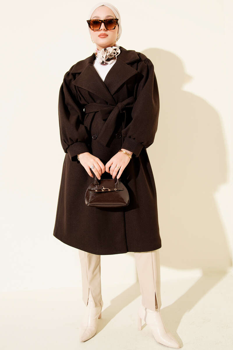 Balon Kol Düğmeli Kaşe Kaban Acı Kahve