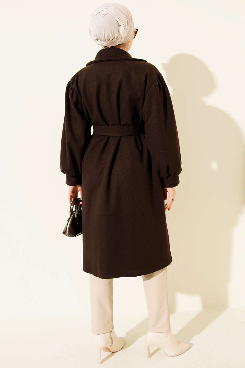 Balon Kol Düğmeli Kaşe Kaban Acı Kahve