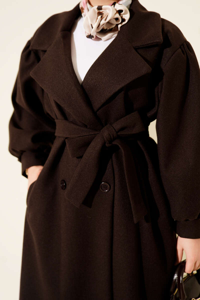 Balon Kol Düğmeli Kaşe Kaban Acı Kahve