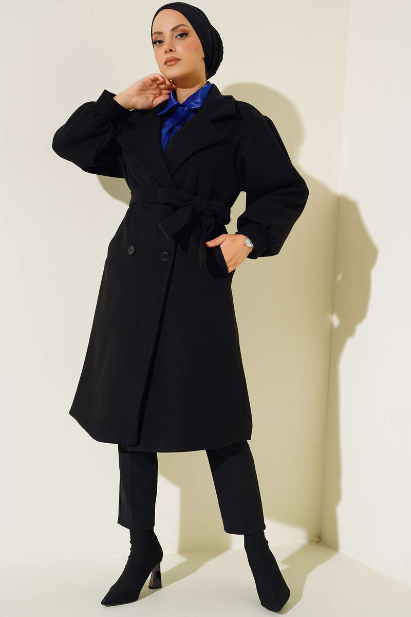 Balon Kol Düğmeli Kaşe Kaban