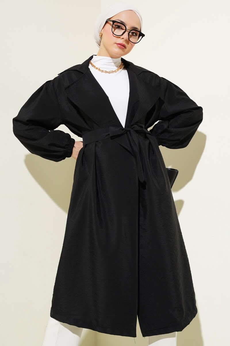 Balloon Sleeve Belted Long Cap