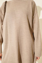 Basic Bisiklet Yaka Düz Triko Tunik Vizon
