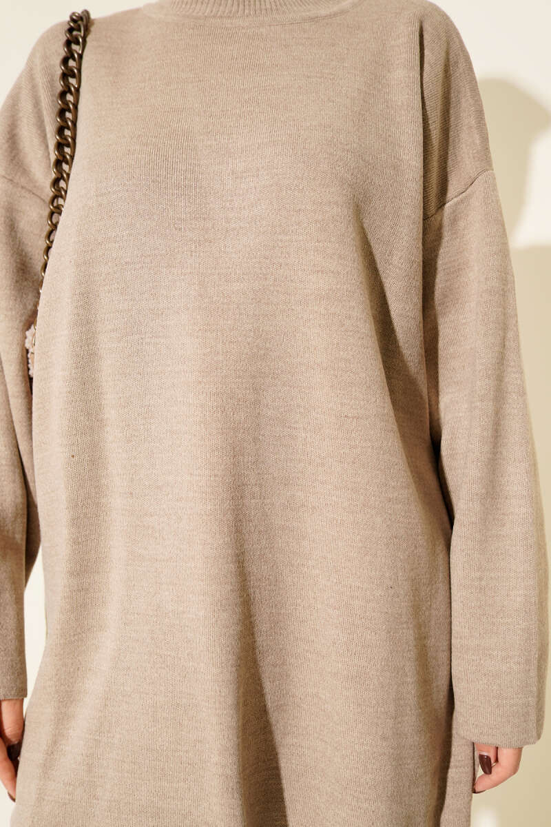 Basic Bisiklet Yaka Düz Triko Tunik Vizon