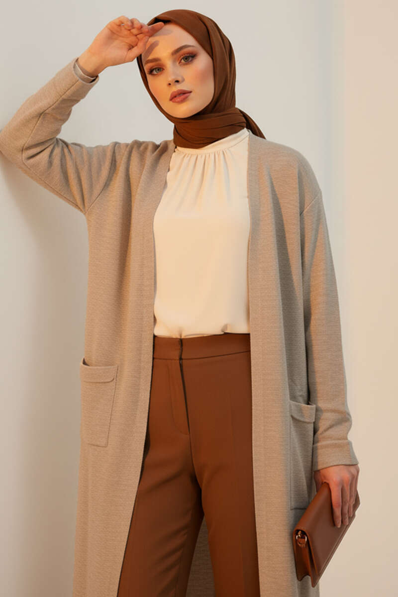 Basic Çift Cepli Uzun Triko Hırka