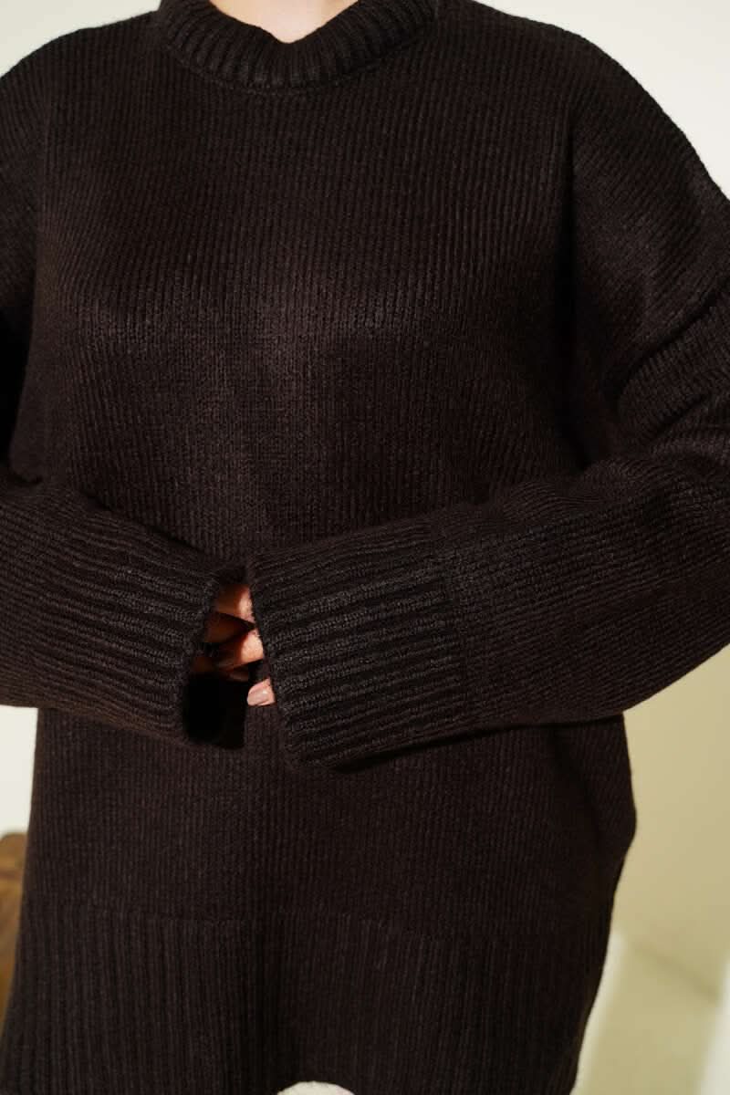Basic Oversize Triko Tunik Acı Kahve
