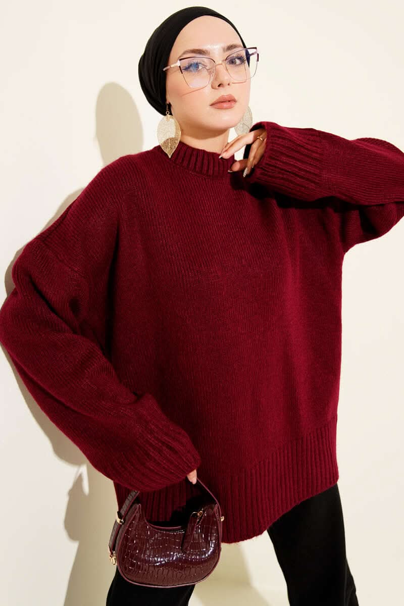 Basic Oversize Triko Tunik Açık Bordo