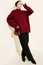 Basic Oversize Triko Tunik Açık Bordo