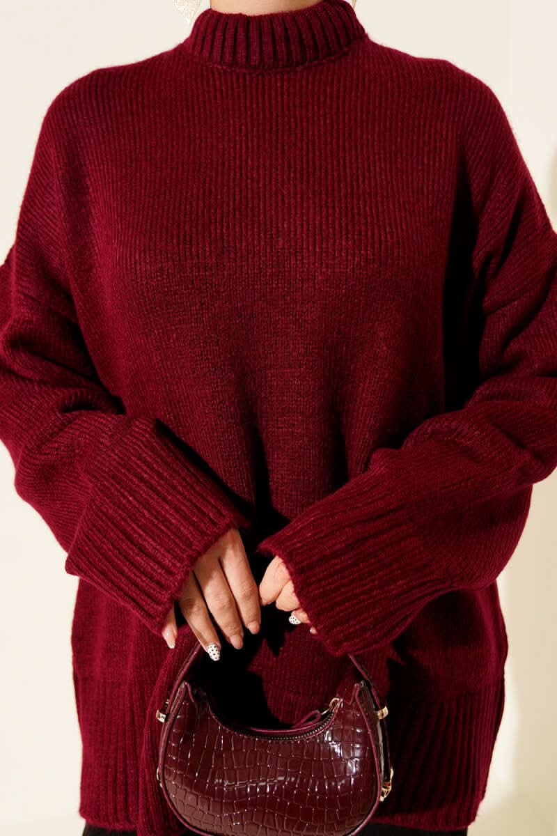 Basic Oversize Triko Tunik Açık Bordo