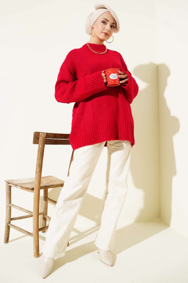 Basic Oversize Triko Tunik Kırmızı