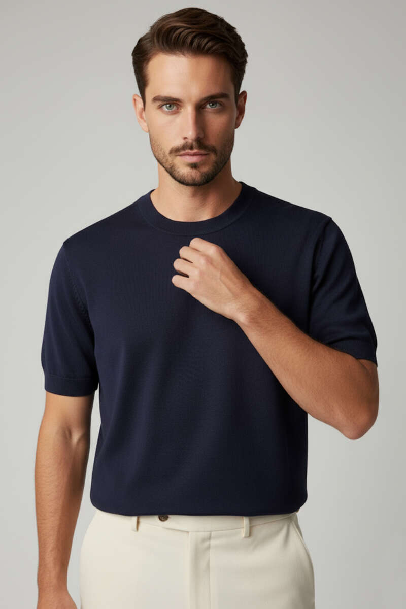 Basic Sıfır Yaka Erkek Triko T-shirt Lacivert