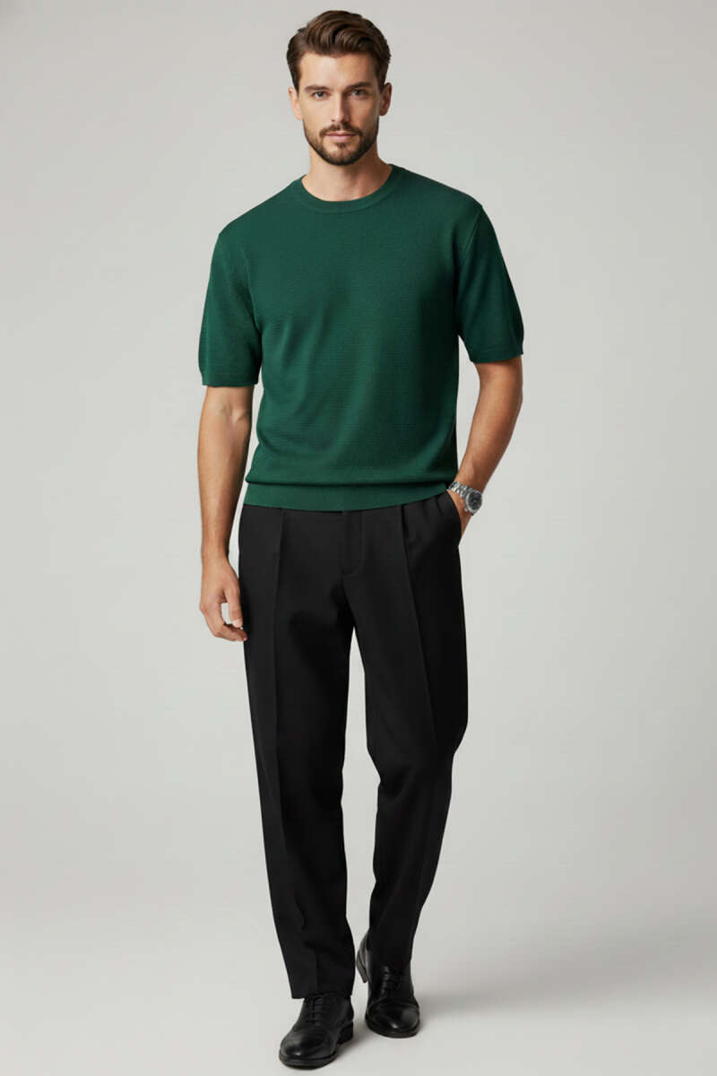 Basic Sıfır Yaka Erkek Triko T-shirt Nefti