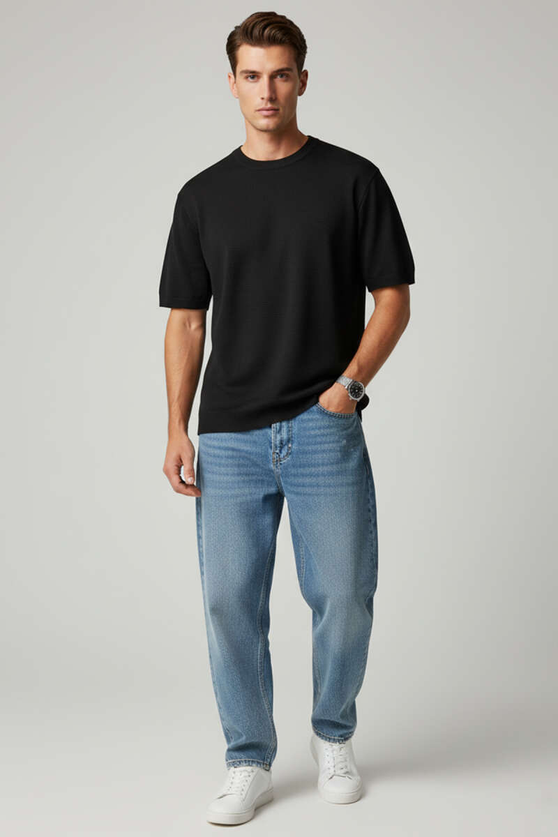 Basic Sıfır Yaka Erkek Triko T-shirt Siyah