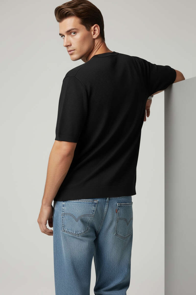 Basic Sıfır Yaka Erkek Triko T-shirt Siyah