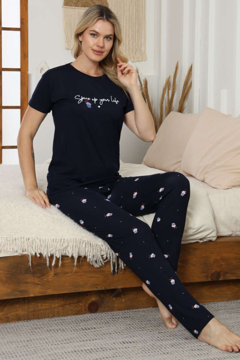 Baskılı Kısa Kol Pijama Takımı Lacivert