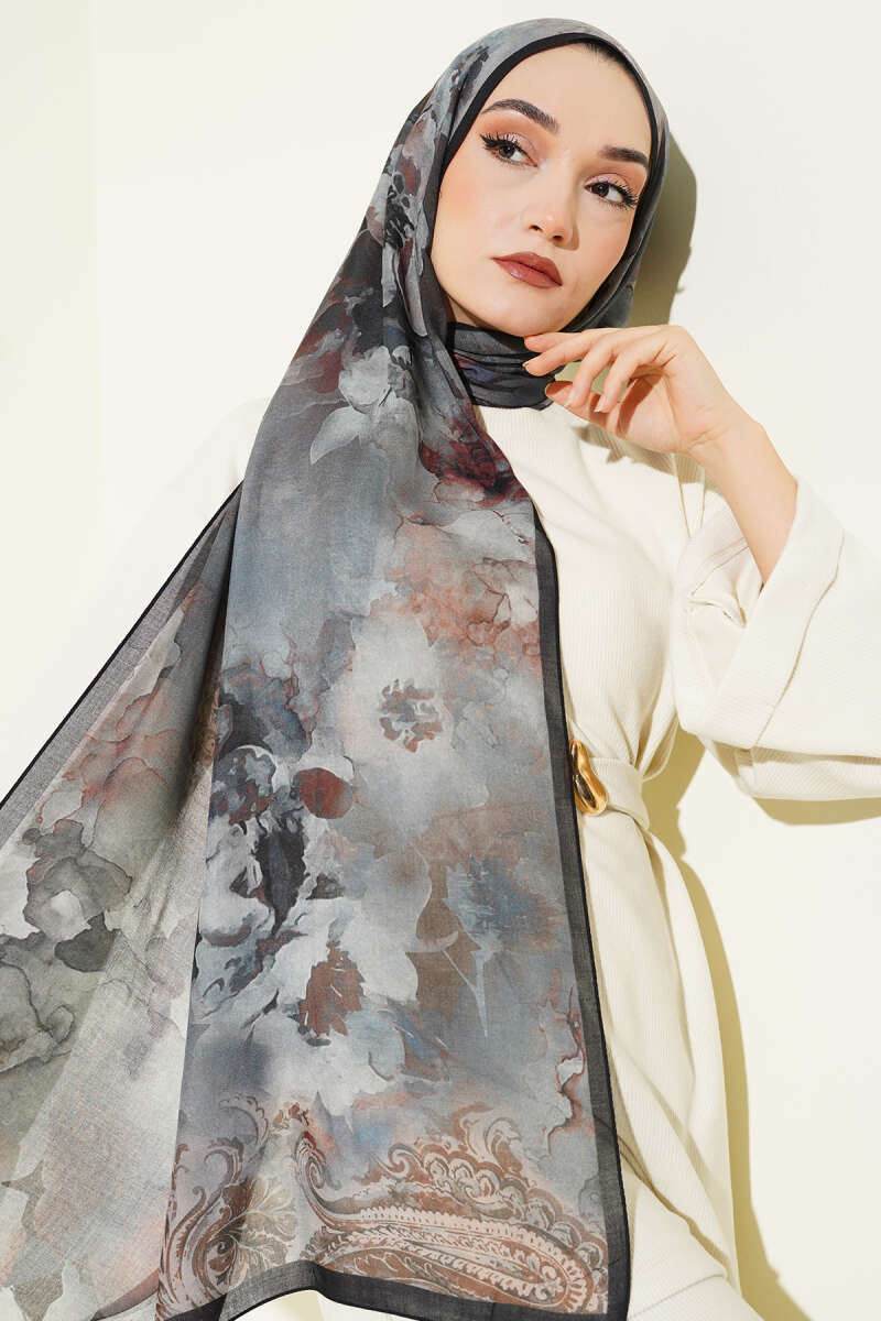 Batik Çiçek Desen Rami Şal Mavi