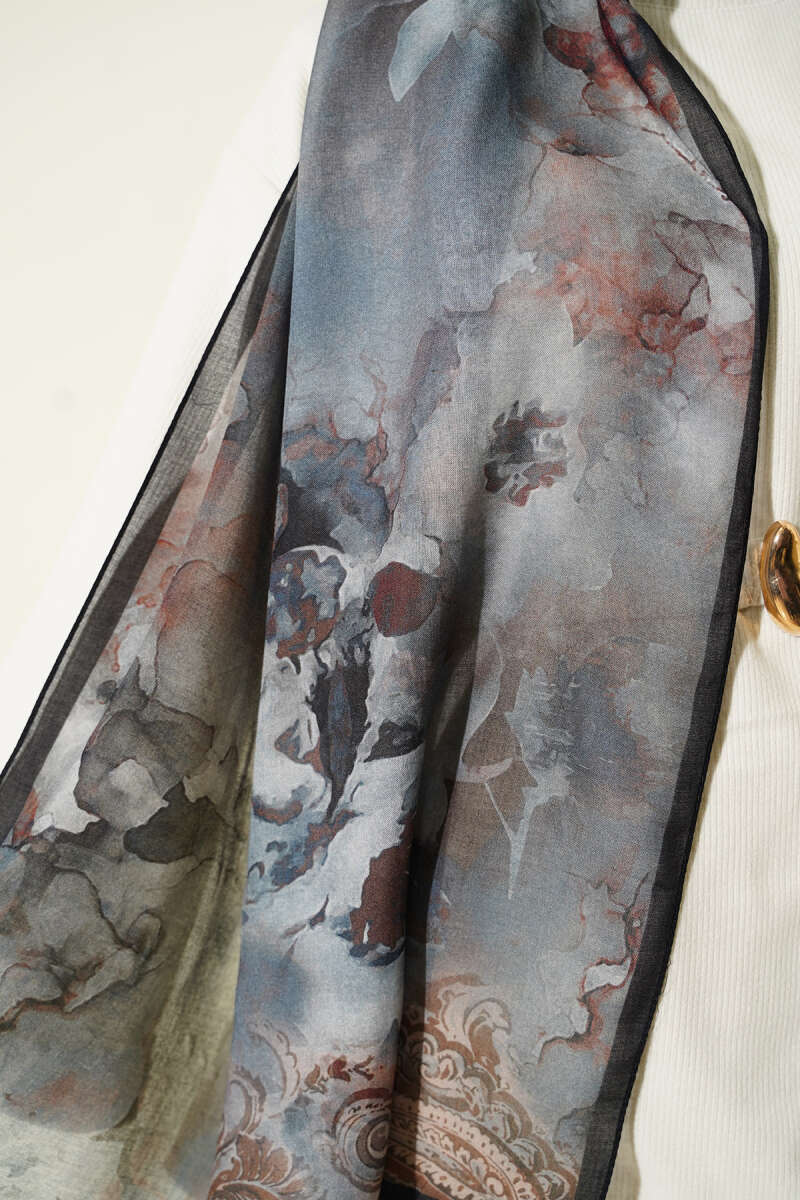 Batik Çiçek Desen Rami Şal Mavi