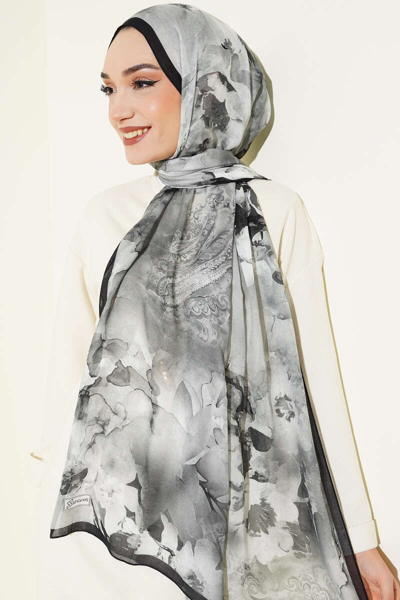 Batik Çiçek Desen Rami Şal Siyah