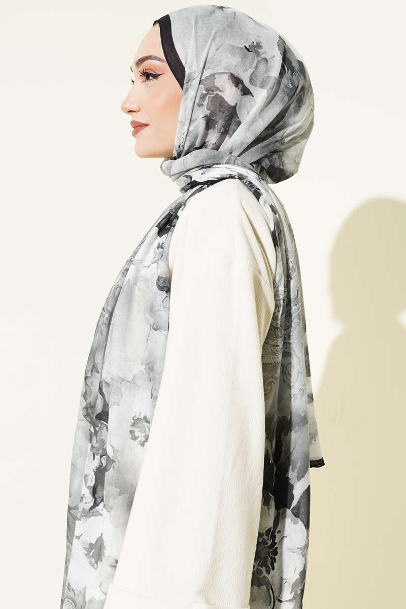 Batik Çiçek Desen Rami Şal Siyah