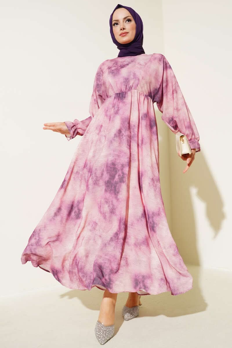Batik Desen Bel Lastikli Elbise Menekşe