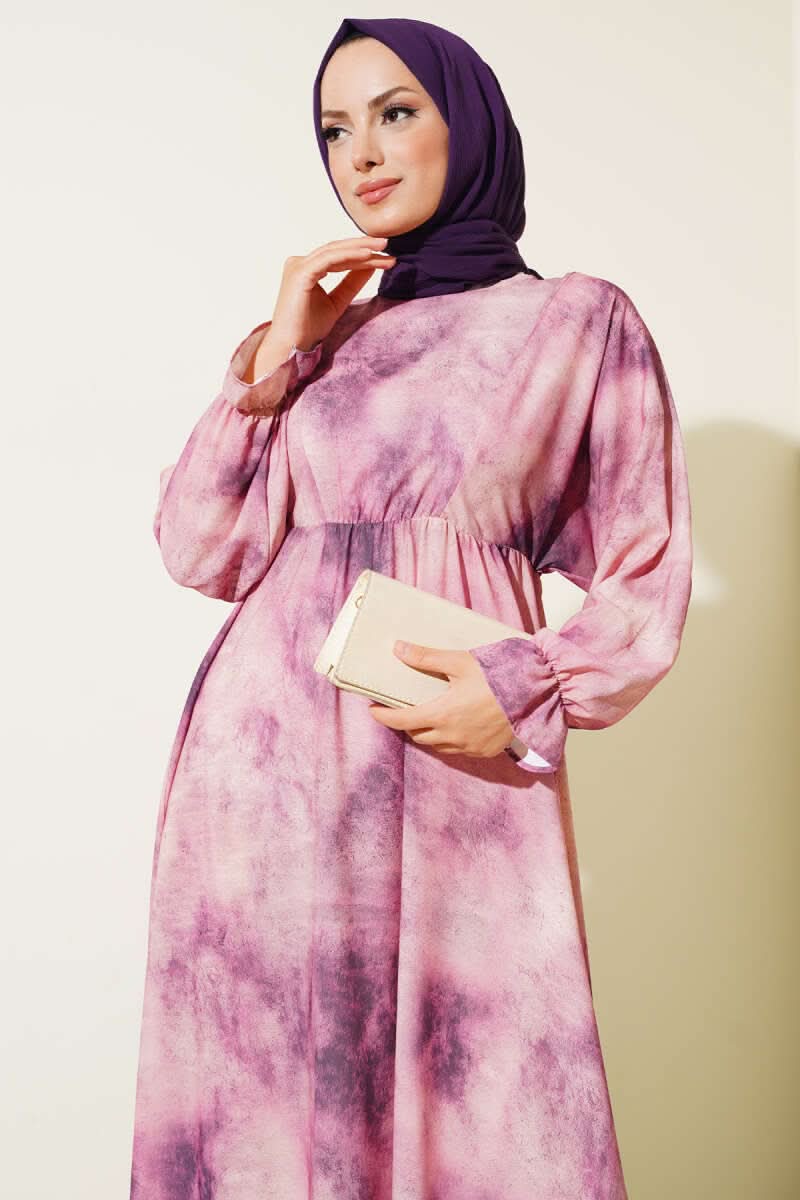 Batik Desen Bel Lastikli Elbise Menekşe