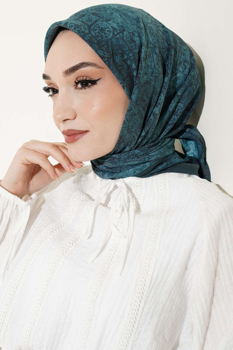 Batik Motifli Modal Eşarp Petrol Yeşili